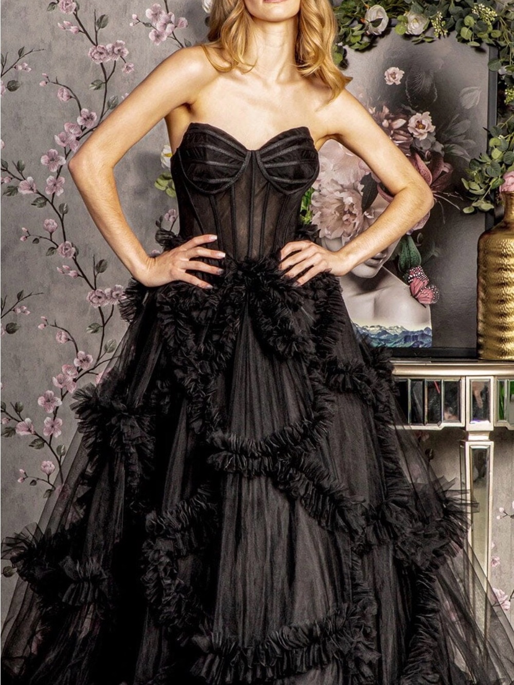Strapless Black Tulle Ruffle Evening Gown - Picture 1 of 9